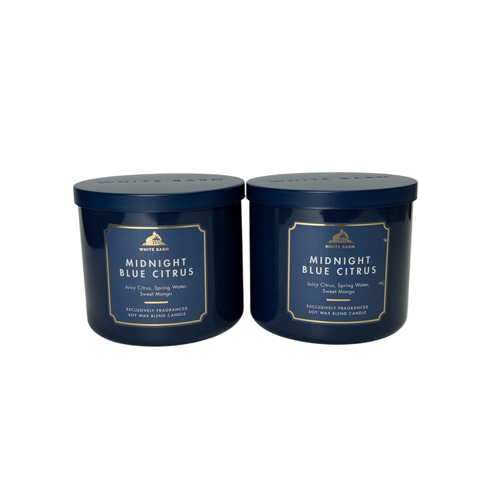 Bath & Body Works Midnight Blue Citrus 3-Wick Candle 14.5oz 2 White Barn Candles